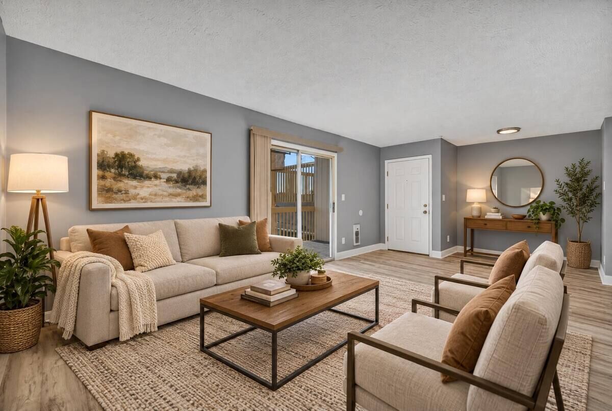 The same living room furnished with a sofa, coffee table, console and plant, with walls, door and floor unchanged